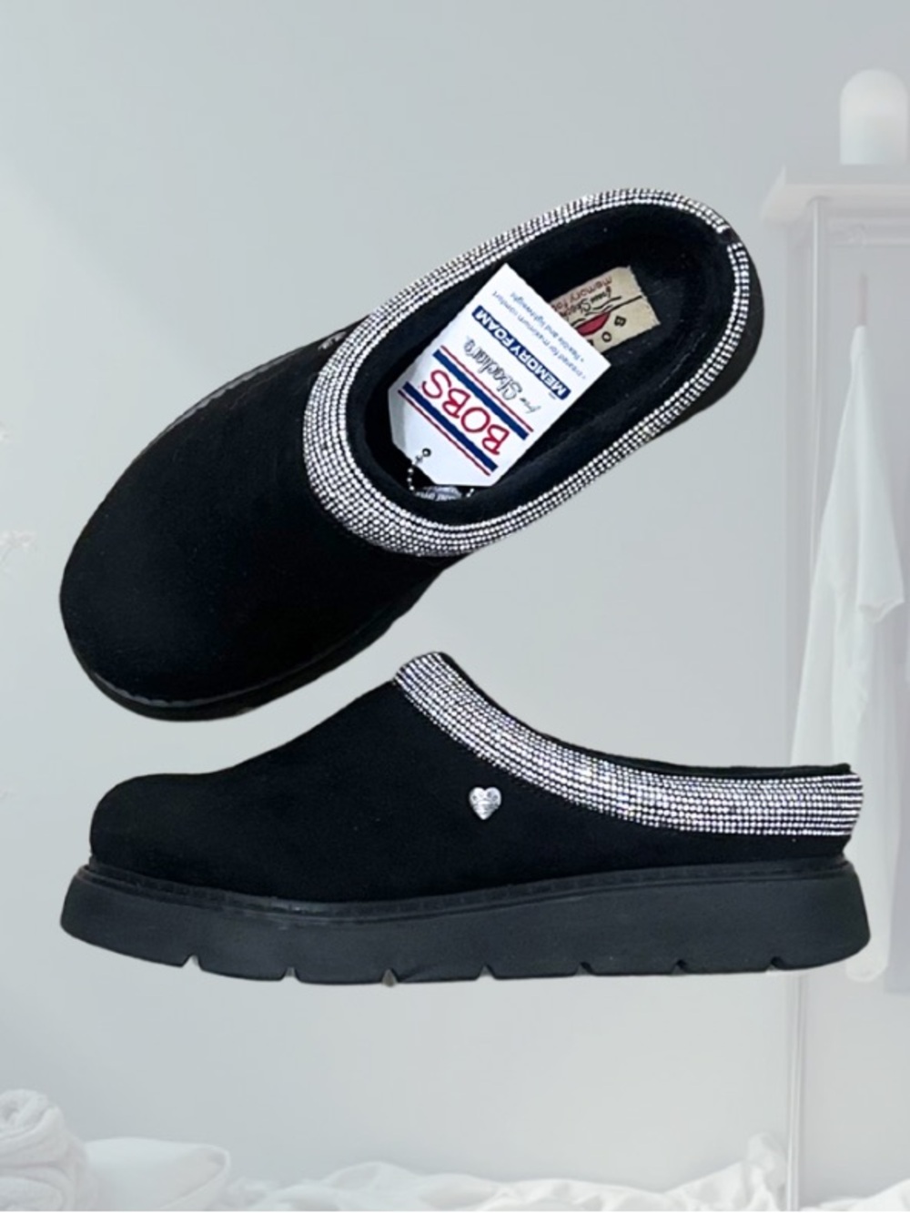 NWT - Skechers BOBS Black Slip-On Mule with Rhinestone Trim